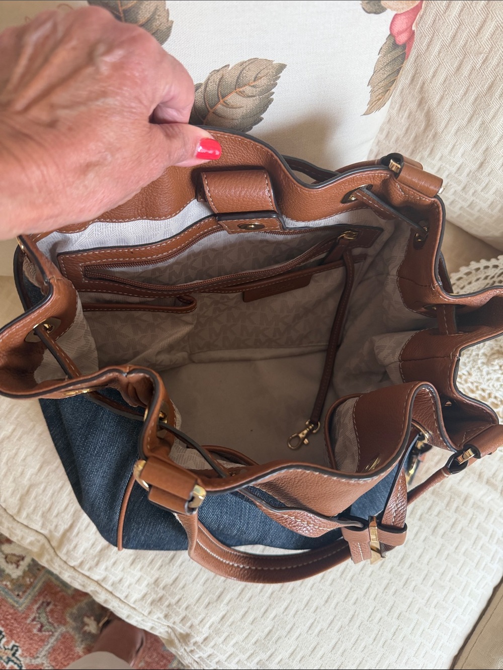 Michael Kors Denim Drawstring Shoulder Bag with Tan Leather Trim - Picture 3 of 3